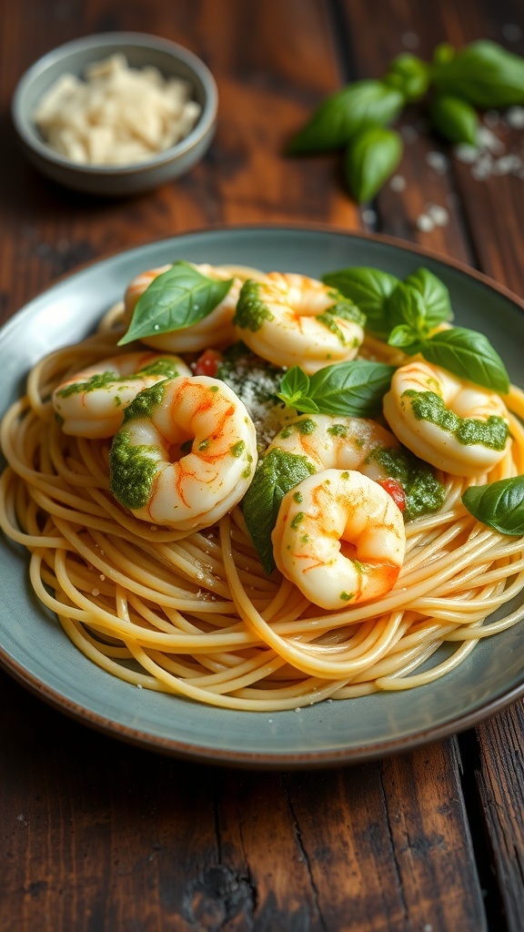 A colorful plate of pesto shrimp pasta with shrimp, basil, and Parmesan on a wooden table.